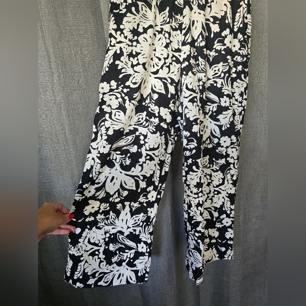 Christian Siriano Wide Leg Linen Elastic Waist Pants Black/White Floral Size M - Picture 2 of 6